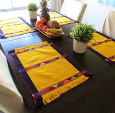 the table is set with place mats and fruit