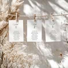 wedding seating cards hanging on a clothes line in front of some dry grass and flowers