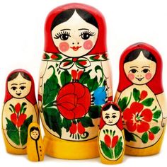 a russian nesting doll with three dolls on it's sides and one is holding a flower