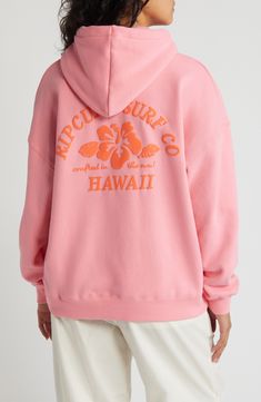 Front and back graphics take you away to the islands in this comfortably roomy hoodie cut from soft cotton-blend fleece. Drawstring hood Kangaroo pocket Ribbed cuffs and hem Cotton/polyester Machine wash, line dry Imported Cheap Preppy Pink Tops, Soft Pink Hoodies, Hawaii Usa Sweatshirt, Pastel Pink Hoodies, Hibiscus Flower Hoodie, Light Pink Nike Hoodies, Pink Hawaii, Hoodies Pink, Palm Cuff