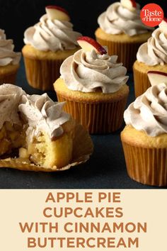 twelve cupcakes with white frosting and apples on top, in front of the words 22 recipes for halloween cupcakes