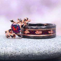 Celebrate your cosmic connection with our striking Black Fire Opal & Black Diamond & Rose Gold Leaf Couples Ring Set, featuring his and hers matching wedding bands in rose gold. This extraordinary set combines the ethereal beauty of black fire opal and the timeless allure of black diamonds, complemented by genuine meteorite inlays and delicate rose gold leaf accents. ►For her, the wedding band showcases a mesmerizing black fire opal, renowned for its iridescent play of colors, symbolizing the intensity and depth of your love. Black diamonds add a touch of sophistication and mystery, perfectly framing the opal's celestial charm. The 14k rose gold vermeil band, adorned with intricate leaf detailing, enhances the ring's elegant and romantic appeal. ►For him, the matching band echoes the celes Fire Opal Engagement Ring, Matching Promise Rings, Mens Wedding Bands Black, Black Fire Opal, Cosmic Connection, Leaf Wedding Band, Rose Gold Leaf, Couples Ring, Black Wedding Band