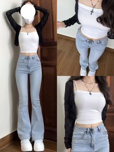 Crop Top And High Waisted Pants, Denim Flare Pants Outfit, Flare Pants Outfit Ideas, Flare Leg Jeans Outfit, เสื้อผ้า Kylie Jenner, Flare Jeans Outfit Aesthetic, Flare Pants Denim, High Waist Loose Pants, High Waist Flare Jeans