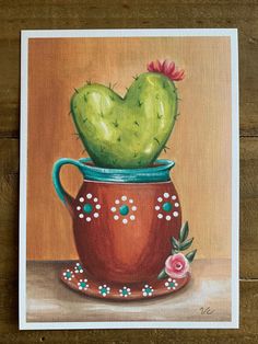 a painting of a cactus in a teacup with flowers on the rim and a pink flower sticking out of it's top