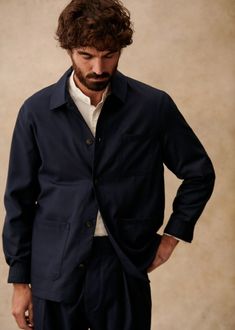 Adriano Jacket - Navy - Wool - Octobre Éditions Light Jacket Men, Mens Light Jacket, Men Spring, Mens Spring, Light Jacket, Shirt Collar, Summer Season, Parisian Style