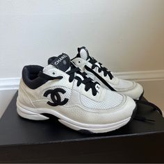 Used Only A Few Times, Signs Of Use In Soles, Minor Scratches And Creases. One Of The Highly Sought Classic Color. Comes With Box, Extra Laces, Paper And Cards And I Still Have The Receipt If You Want It. Shoes Chanel, Chanel Sneakers, Chanel Shoes, Womens Shoes Sneakers, Calf Skin, Shoes Sneakers, Chanel, Mesh, Women Shoes