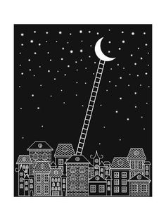 a black and white drawing of a ladder reaching up into the sky with stars above