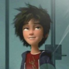 an animated image of a young boy with black hair, wearing a red shirt and blue jacket