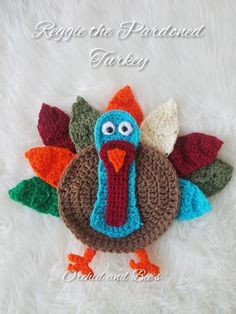 a crocheted turkey sitting on top of a white furnishing area with the words, regge the paranoid turkey written above it