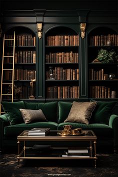 a living room filled with lots of bookshelves next to a couch and coffee table