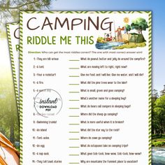 the camping riddle game is in front of some trees