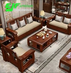 a living room filled with lots of wooden furniture