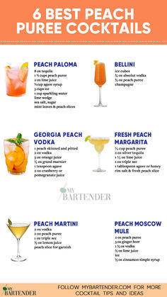 Best Peach Puree Cocktails Drinks With Peach Puree, Easy Peach Margarita Recipe, Peach Liquor Drinks, Cocktails With Peach Syrup, Peach Puree For Drinks, Peach Martini Recipe Vodka, Peach Nectar Cocktail