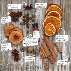 an assortment of spices, cinnamons and orange slices on a wooden table with labels