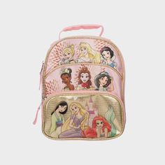 Dine with royalty with this Disney Princess lunch bag featuring Cinderella, Aurora, Snow White, Tiana, Belle, Jasmine, Mulan, Rapunzel, and Ariel. The dual compartments allow more space for snacks with insulated lining that keeps food fresh. A top handle offers convenient carrying. Pink Character Bag For Disney Trips, Character Style Pink Bag For Disney Trips, Character Print Bags For Disney Trips, Disney Character Print Bags For Back To School, Disney Character Print Back To School Bags, Disney Princess Lunch Bag, Disney Princess Backpack, Lunch Box Set, All Disney Princesses