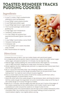 the recipe for toasted reindeer tracks pudding cookies is shown in this brochure