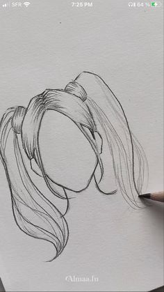 a drawing of a woman's head with long hair and ponytails on paper