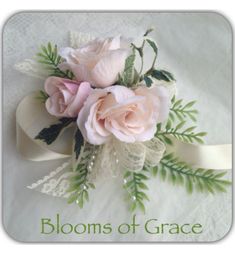 a bouquet of pink roses and greenery on a white background with the words blooms of grace