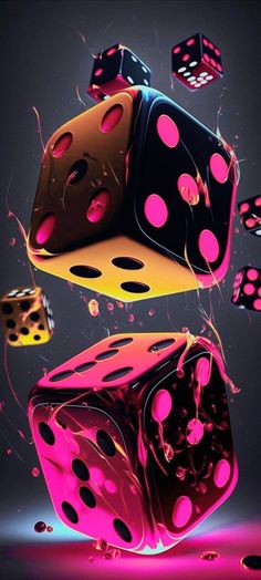 two dices are falling into the air with pink and black dots on them,