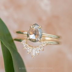 a diamond ring sitting on top of a green plant