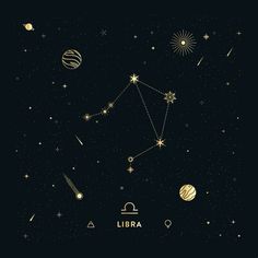 the zodiac sign libra surrounded by planets and stars in the night sky with text