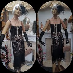 Stunning 1920's Great Gatsby style flapper dress, gorgeous art deco dress heavily embellished with glass beads and sequins on a black pure silk,exquisite in smallest detail, adorned with golden bronze embroidery floral motifs. The dress has a swirled glass beaded straps, layered bust and dropped waist, gorgeous zig-zag hem beautifully detailed with embroidery, beads and sequins. Fully lined with concealed side zip, it flares beautifully under the weight of embellishments. In excellent condition Bead Dress, Great Gatsby Style, Silk Evening Dress, Great Gatsby Fashion, Embroidery Beads, Deco Dress, Art Deco Dress, Dress Art, Black Pure