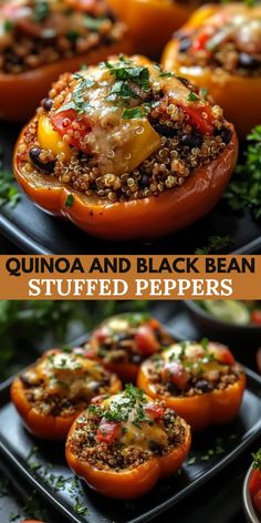 stuffed bell peppers with quinoa and black bean toppings on the top are shown