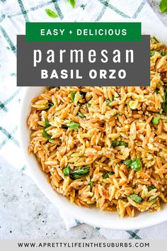 parmesan basil orzo in a white bowl on a green and white tablecloth