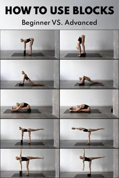 a woman doing yoga poses with the words how to use blocks beginner vs advanced