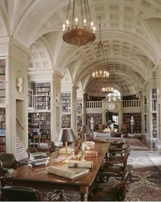 the library is full of books and many lamps are hanging from the ceiling above it