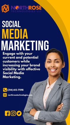 a woman with her arms crossed in front of the words social media marketing engage with your potential