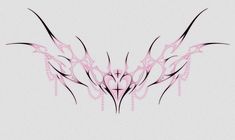 an abstract pink design on a white background with black lines and beads hanging from it's sides