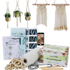 macrame cord, yarn, scissors, and other items are arranged on a white background