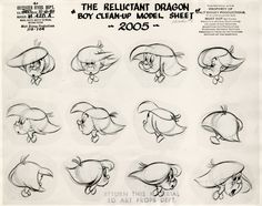 an animation character sheet for the reluctant dragon from walt's animated movie, pooh