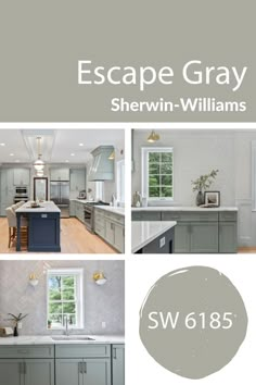 an image of a kitchen with gray cabinets and white counter tops, including the words escape gray