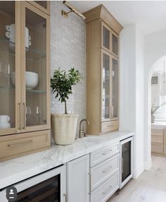 a kitchen with white cabinets and marble counter tops, along with a potted plant