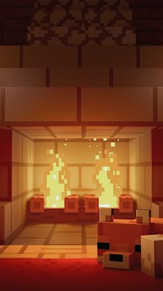 a room filled with lots of boxes and fire in the middle of it's walls