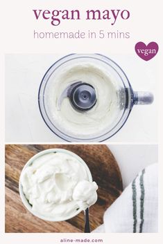 the ingredients to make vegan mayo in a blender with text overlay that reads,