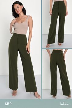 Have all the confidence you need with the Lulus A Power Mood Olive Green High-Waisted Wide Leg Trouser Pants! Lightweight crepe woven fabric shapes a boss-babe, high banded waist with a hidden zip fly and a covered button closure. Wide pant legs fall to ankle-grazing hems and feature decorative welt pockets at the back. Fit: This garment fits true to size. Length: Floor length. Size medium Inseam: 30.75 Front Rise: 12.00 Waist: Fitted - very fitted at natural waist. Hip: Fitted - consider sizing Green High-waisted Wide Leg Business Casual Pants, Summer Wide Leg Elastane Pants For Work, Tailored Wide-leg Green Pants, Stretch Rayon Straight Leg Pants, Green Tailored Wide Leg Bottoms, Tailored Wide Leg Green Bottoms, Spring Workwear Rayon Bottoms, Elegant Green Wide Leg Pants With Elastic Waistband, Chic Green Rayon Pants