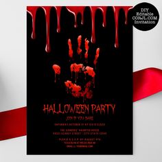 a halloween party flyer with blood dripping down the side and red ribbon around it on a black background