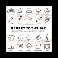 the bakery icons set is shown in black and white