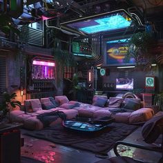 a living room filled with lots of furniture and neon lights on the ceiling above it