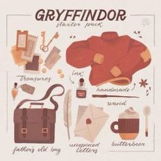 a poster with the words greyfindor written in english and some things to include