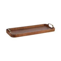 a wooden tray with metal handles