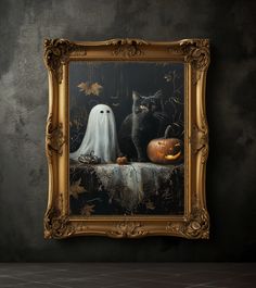 a painting of two cats and a ghost on a table in front of a black wall