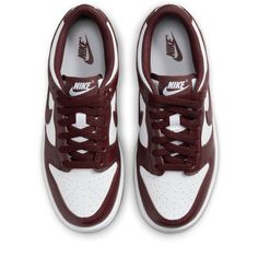 Leather upper Padded low-cut collar Foam midsole Rubber outsole Perforated toe box Color: White/Burgundy Crush/Gum Light Brown Style: HJ9282-100 Nike Models, A Bathing Ape, Nike Dunk Low, Dunk Low, Nike Dunk, Nike Dunks, Team Colors, Nike Sportswear, Air Force 1