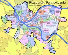 a map of pittsburgh, pennsylvania with all the streets and major roads highlighted in pink