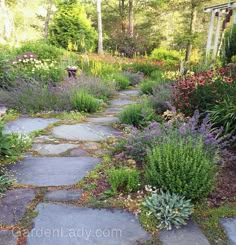 a stone path in the middle of a garden