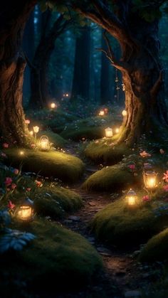 a path in the middle of a forest with lots of lights on it and moss growing all around