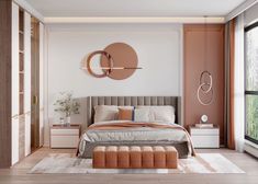 a bedroom with a large bed and two round mirrors on the wall